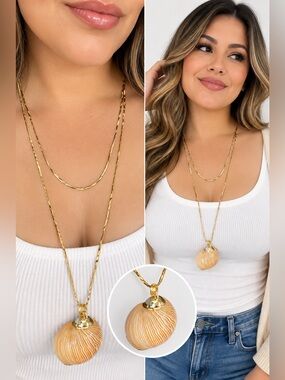 Gold Layered Necklace with Beige Swirl Pendant